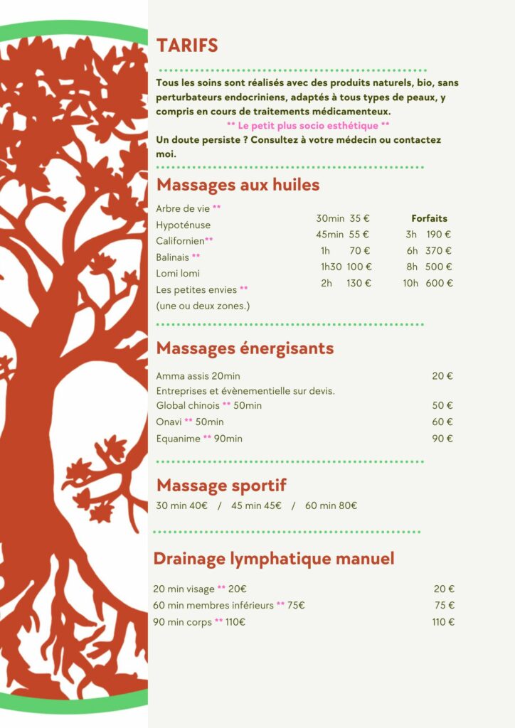tarifs massages - arbre de vie