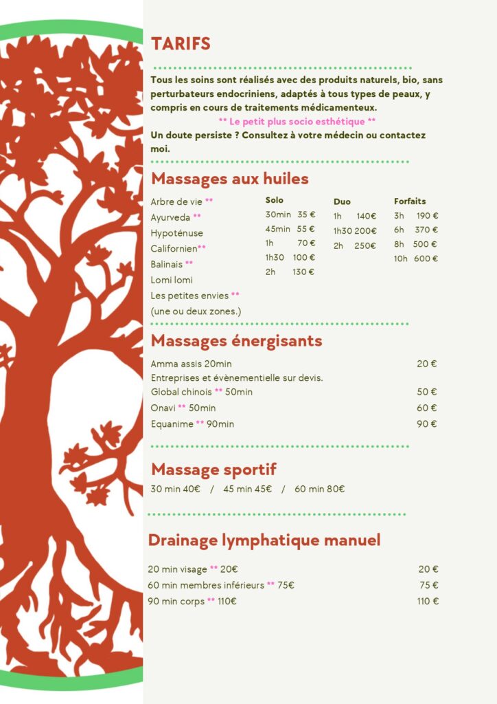 tarifs massages - arbre de vie